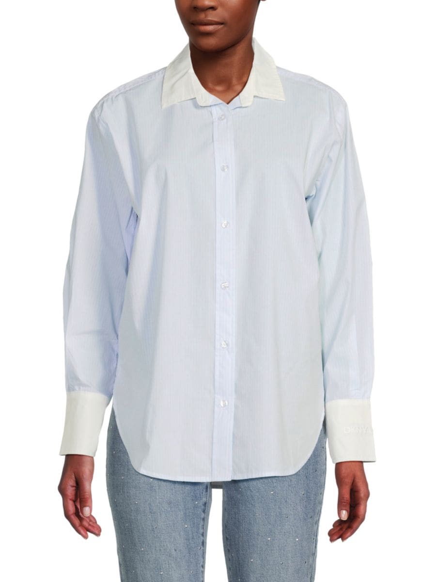 Полосатая рубашка с закругленным подолом DKNY, цвет Sky Blue White
Полосатая рубашка с закругленным подолом DKNY, цвет Sky Blue White