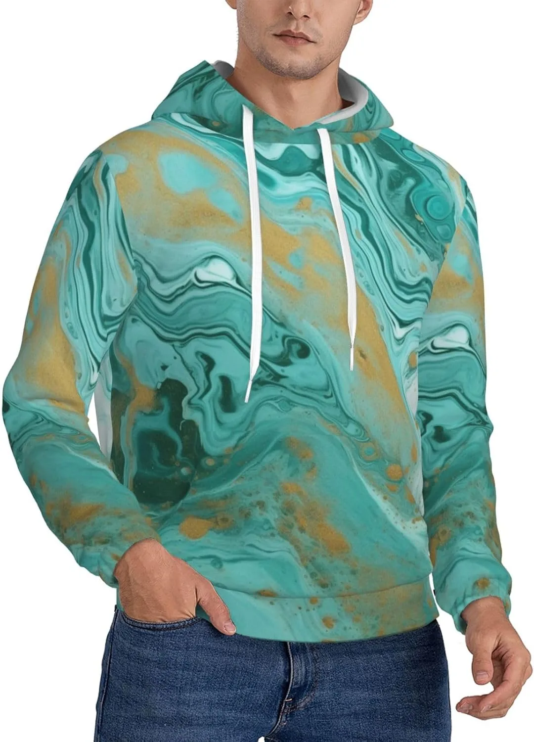 Мужская флисовая толстовка с капюшоном и карманами, цвета teal и gold marble HJTRW
Мужская флисовая толстовка с капюшоном и карманами, цвета teal и gold marble HJTRW