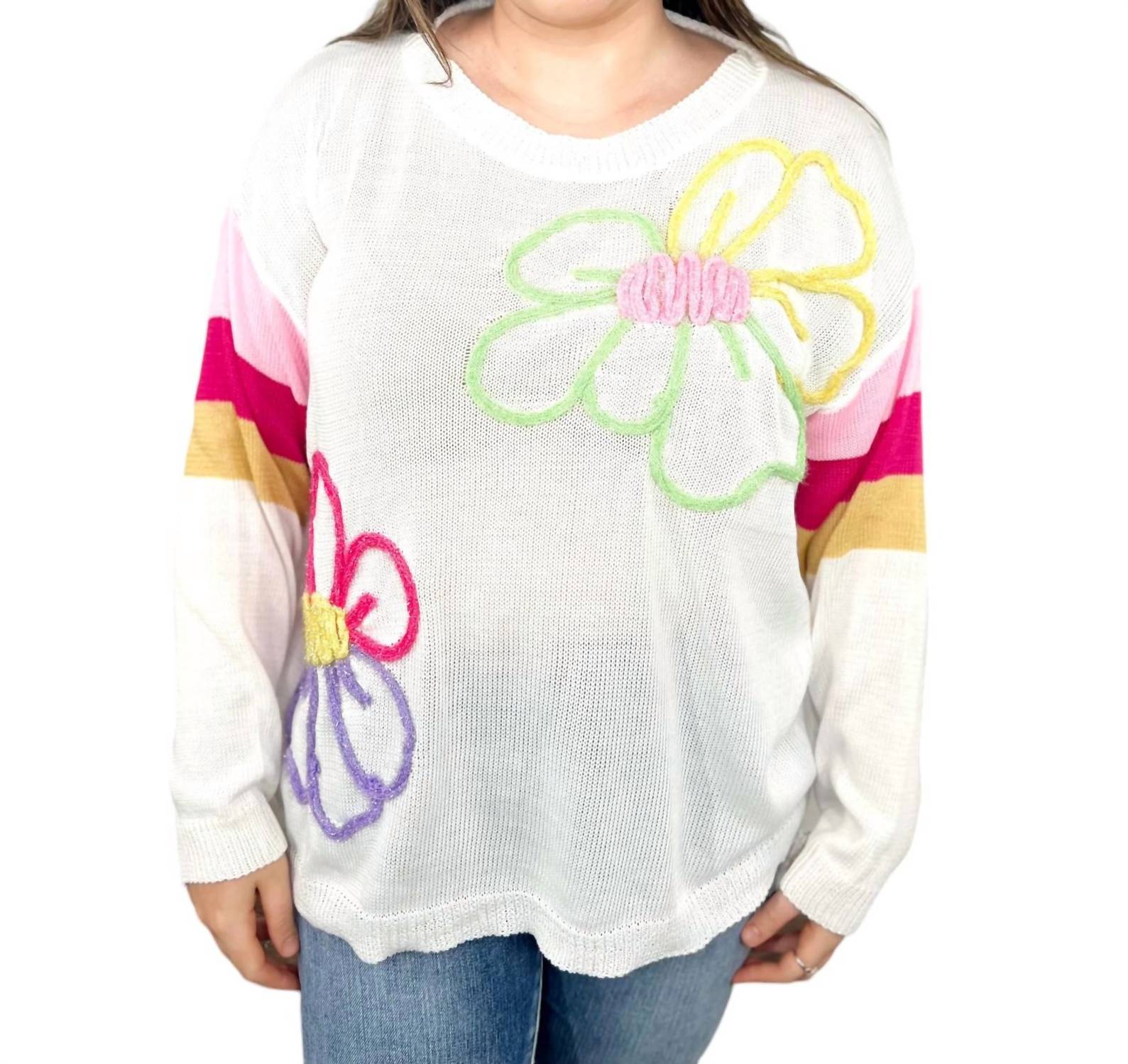 Легкий свитер с полосатыми рукавами и цветочным узором в разноцветном цвете BiBi, мультиколор
Легкий свитер с полосатыми рукавами и цветочным узором в разноцветном цвете BiBi, мультиколор