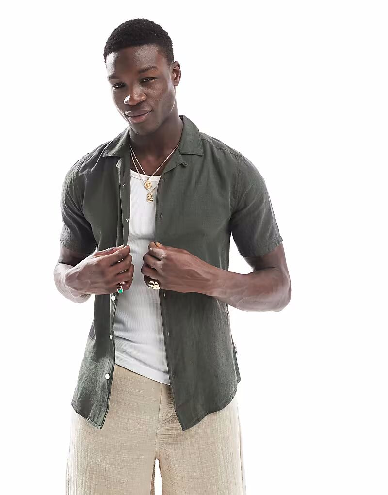 ONLY & SONS - рубашка из льняной ткани темно-зеленого цвета с воротником-лацканом
ONLY & SONS - рубашка из льняной ткани темно-зеленого цвета с воротником-лацканом