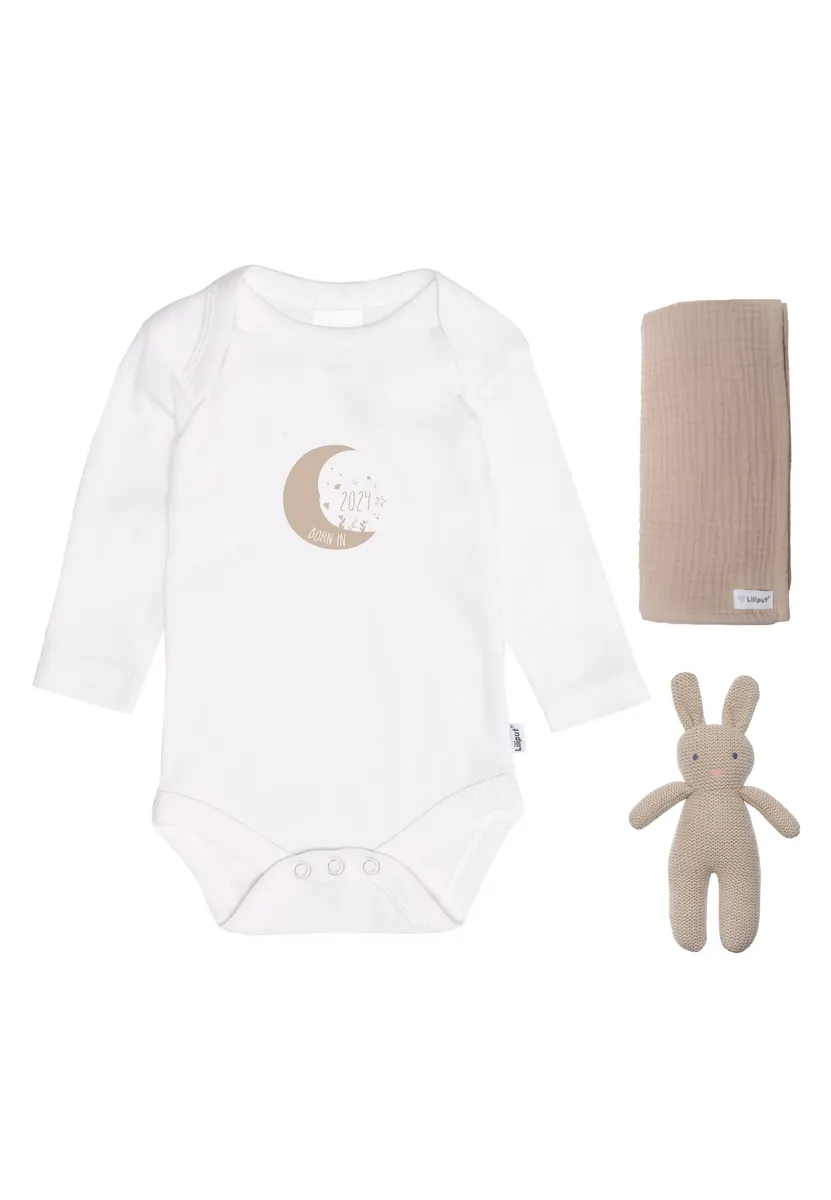 Комплект начального снаряжения Liliput "Рождённый в 2024 году", 3 части с мягкой муслиновой тканью, бежевый 
Комплект начального снаряжения Liliput "Рождённый в 2024 году", 3 части с мягкой муслиновой тканью, бежевый