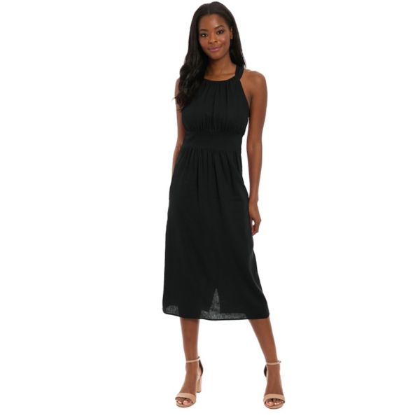 Женское платье миди с бретелькой через шею и вставкой на талии London Times, черный 
Женское платье миди с бретелькой через шею и вставкой на талии London Times, черный