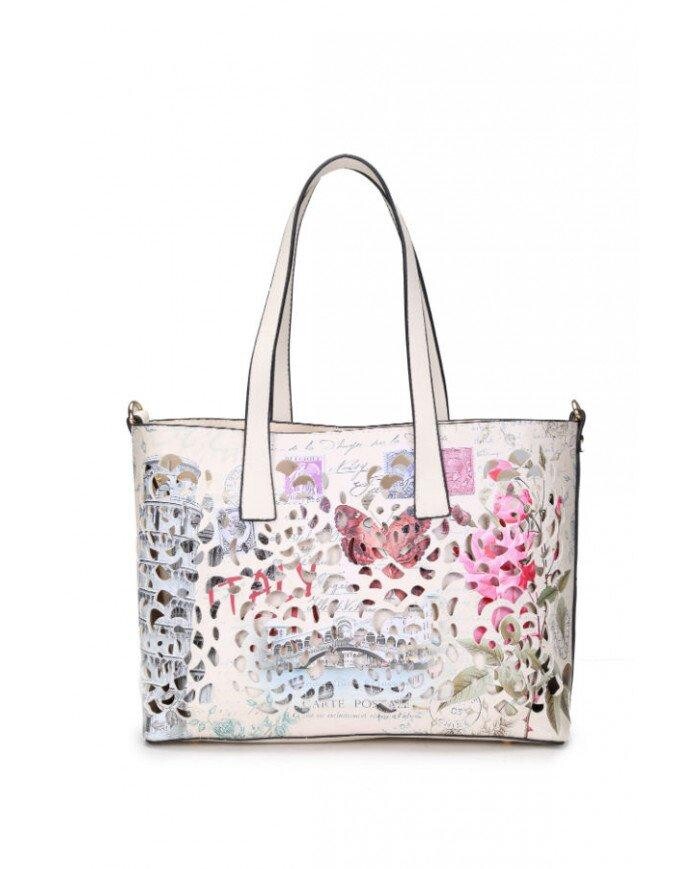 Сумка-тоут 2-в-1 через плечо и с открытым верхом с узором, вырезанным лазером JFY, бежевый 
Сумка-тоут 2-в-1 через плечо и с открытым верхом с узором, вырезанным лазером JFY, бежевый