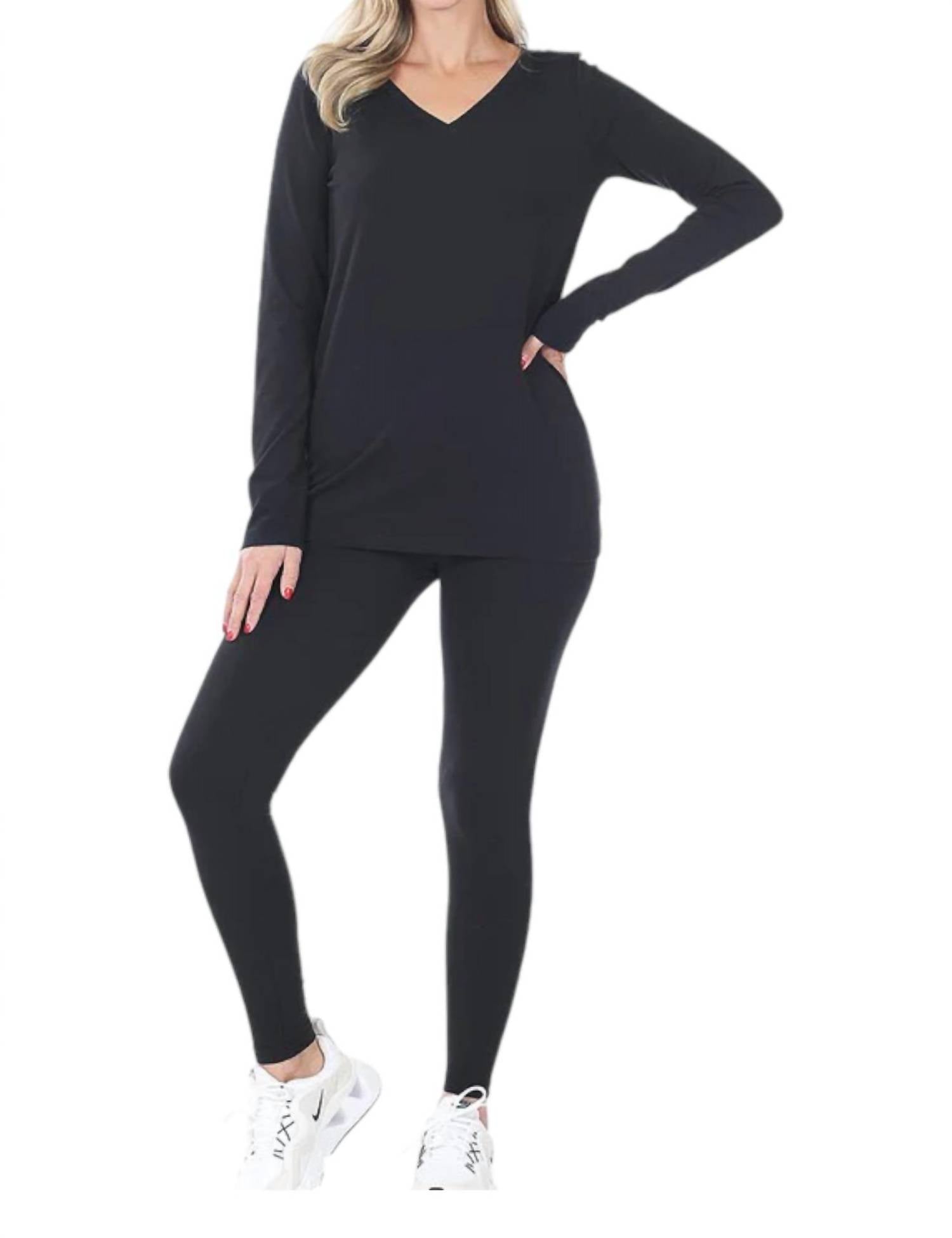 Пижамный комплект с топом и леггинсами V-образного выреза черного цвета ZENANA
Пижамный комплект с топом и леггинсами V-образного выреза черного цвета ZENANA