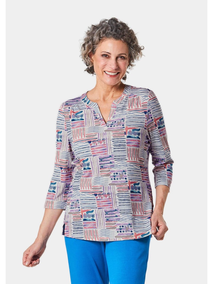 Рубашка-туника с принтом и воротником-стойкой синего, фиолетового, лососево-розового цветов с узором GOLDNER
Рубашка-туника с принтом и воротником-стойкой синего, фиолетового, лососево-розового цветов с узором GOLDNER