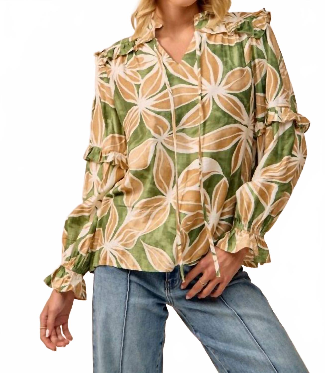 BiBi Блузка с эффектными цветочными оборками, оливково-кремового цвета
BiBi Блузка с эффектными цветочными оборками, оливково-кремового цвета