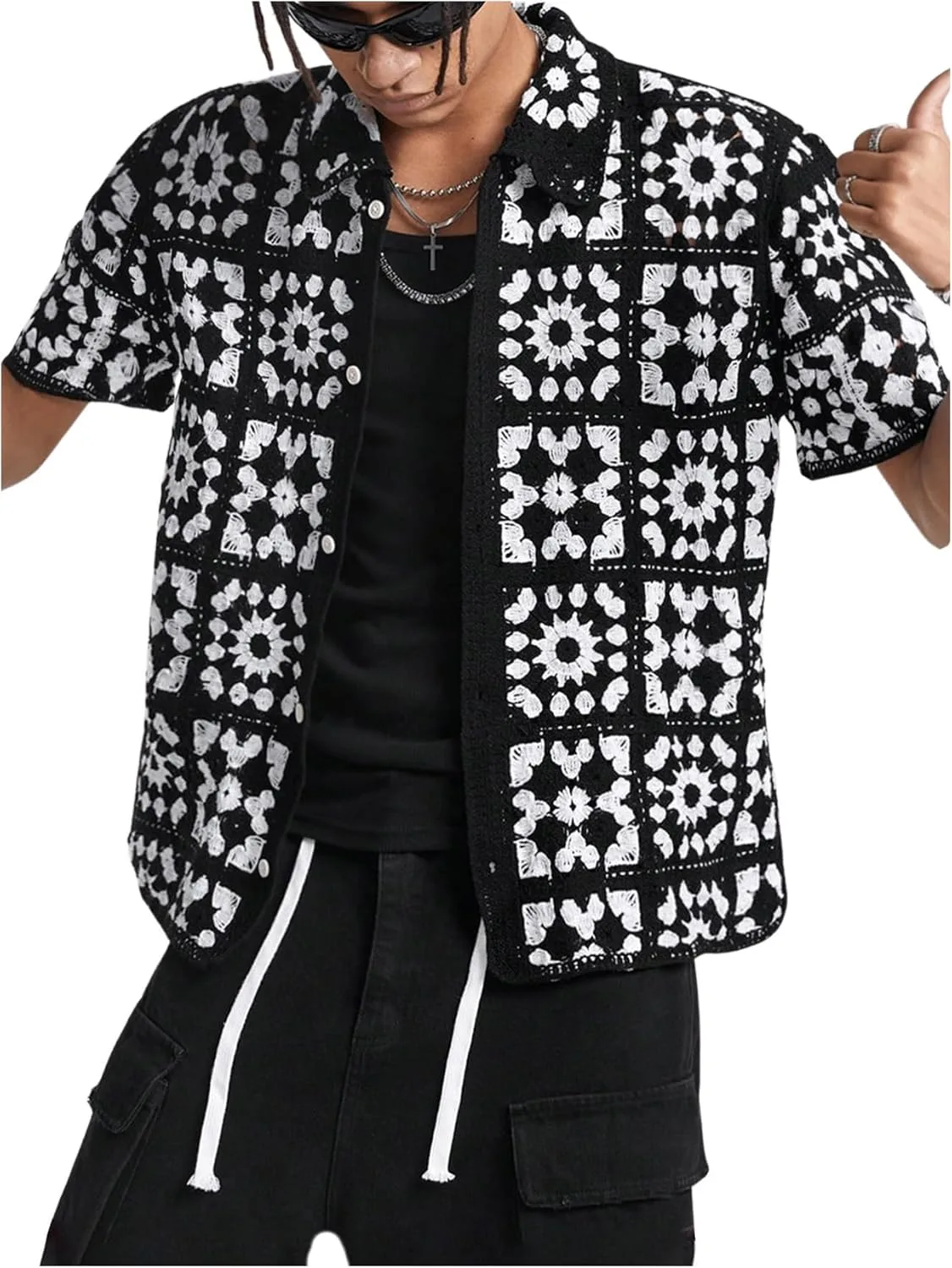 Мужской свитер с коротким рукавом, воротником на пуговицах и ажурной вязкой VIPWOLF
Мужской свитер с коротким рукавом, воротником на пуговицах и ажурной вязкой VIPWOLF