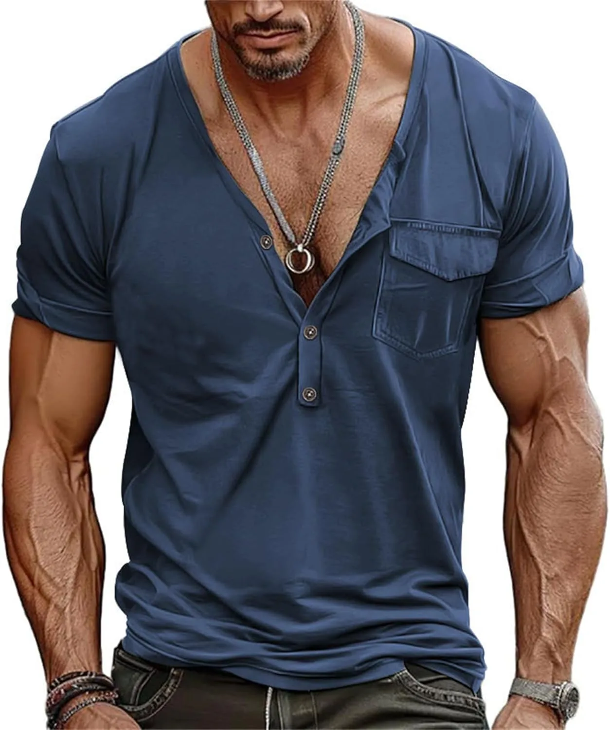 Мужская футболка Henley с V-образным вырезом и карманом
Мужская футболка Henley с V-образным вырезом и карманом