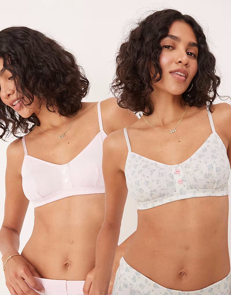 ASOS DESIGN, комплект из 2 бюстгальтеров-бралетт с контрастной строчкой, мелким принтом и розовыми ажурными узорами
ASOS DESIGN, комплект из 2 бюстгальтеров-бралетт с контрастной строчкой, мелким принтом и розовыми ажурными узорами