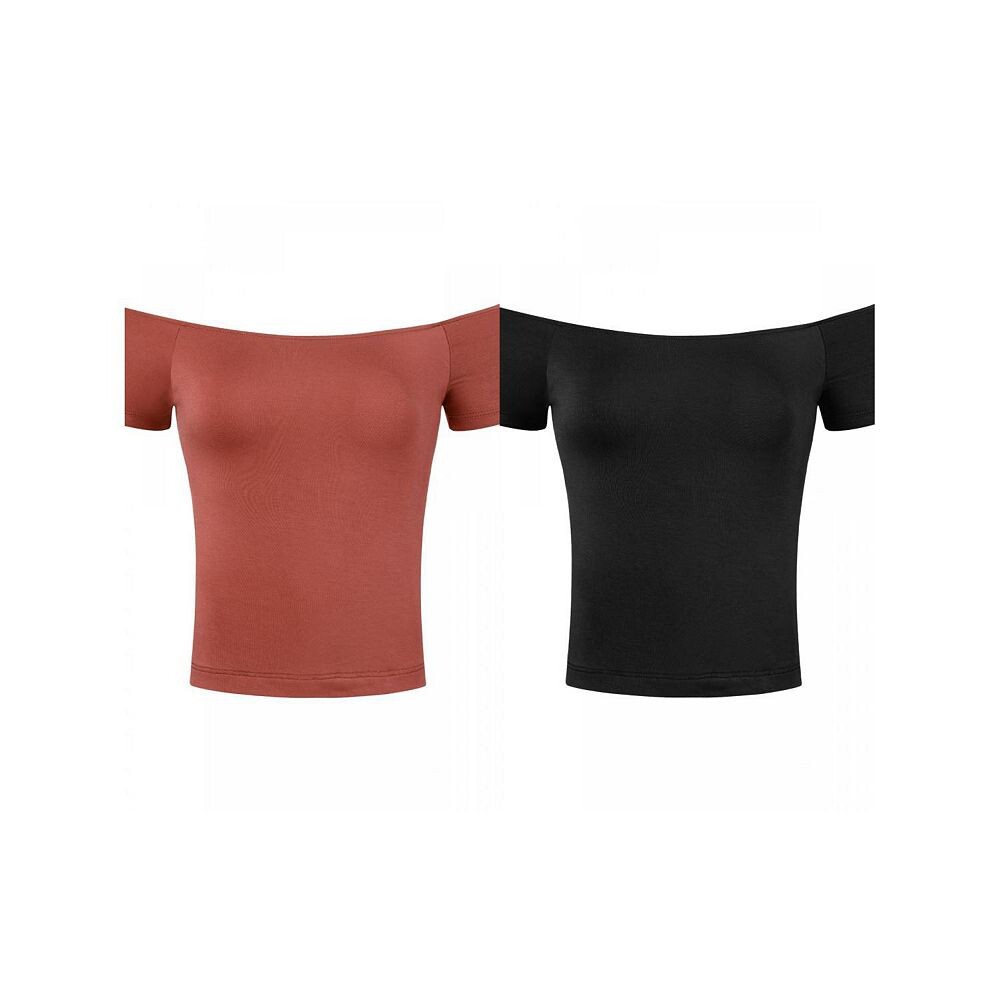 2 пары женских однотонных блузок с короткими рукавами и открытыми плечами до бедра ALLEGRA K, цвет Black Brownish Red 
2 пары женских однотонных блузок с короткими рукавами и открытыми плечами до бедра ALLEGRA K, цвет Black Brownish Red