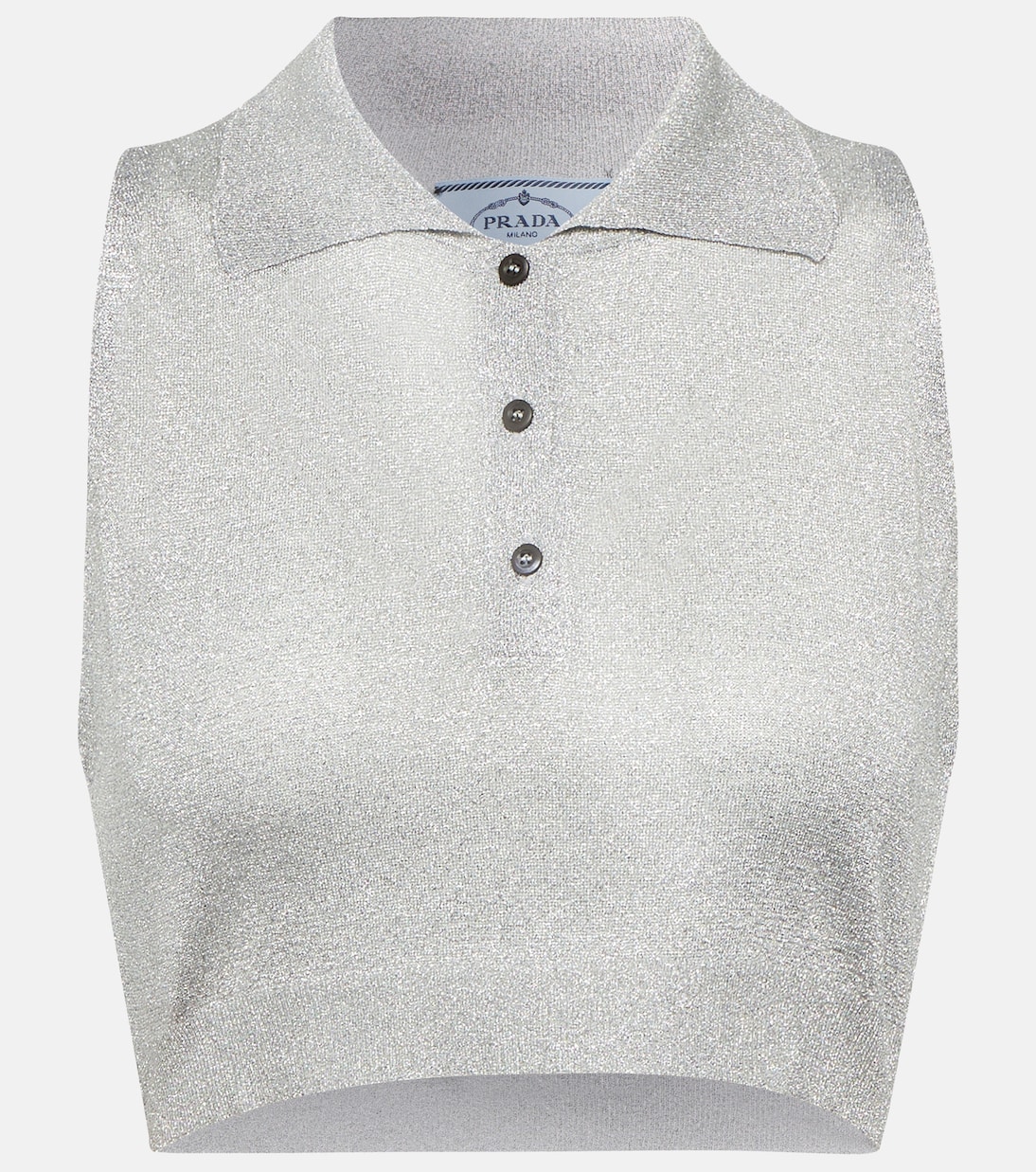 Металлизированный укороченный топ с вязкой Prada, Argento
Металлизированный укороченный топ с вязкой Prada, Argento