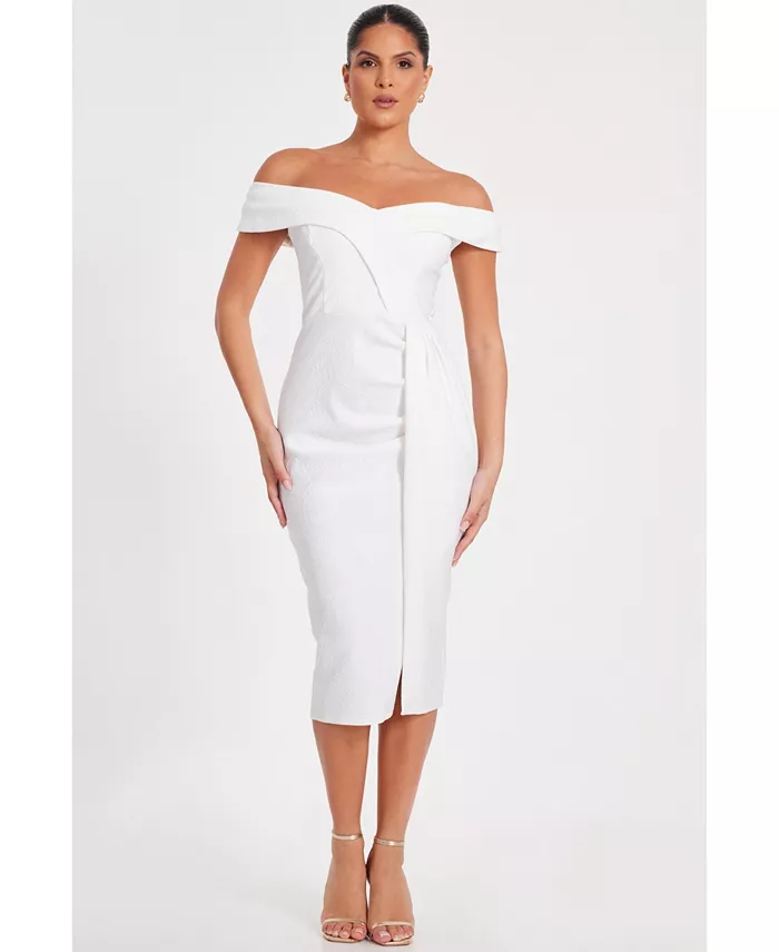 Женское платье-раппорт с запахом Bardot QUIZ, белый 
Женское платье-раппорт с запахом Bardot QUIZ, белый