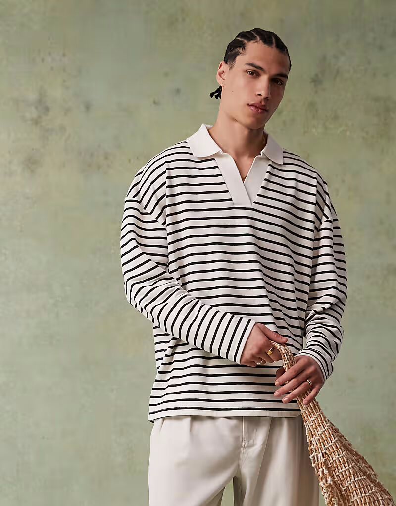 Поло свободного кроя с заниженной линией плеч ASOS DESIGN в черно-белую фактурную полоску 
Поло свободного кроя с заниженной линией плеч ASOS DESIGN в черно-белую фактурную полоску