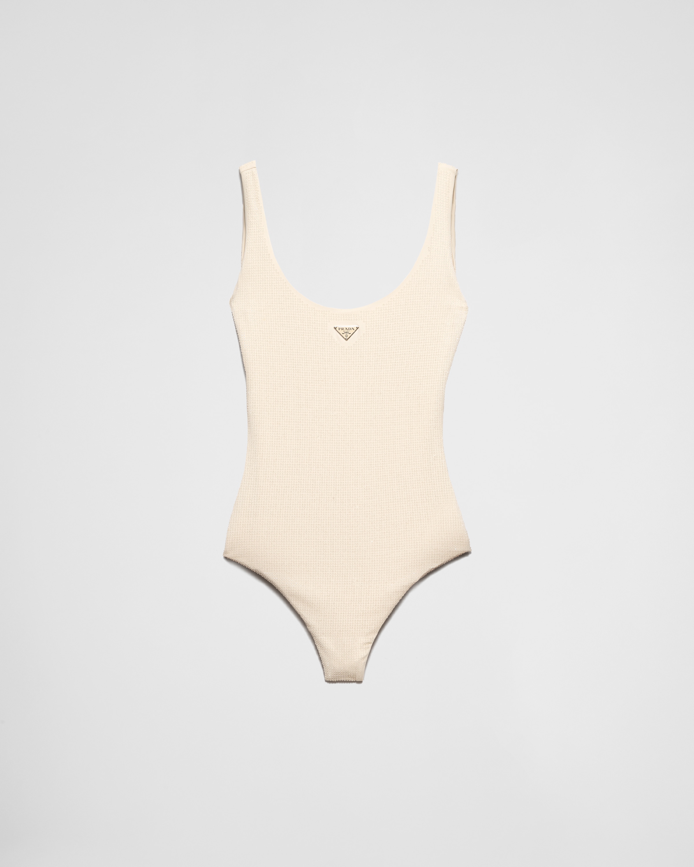 Слитный купальник из джерси с стразами Prada, нюдовый/прозрачный
Слитный купальник из джерси с стразами Prada, нюдовый/прозрачный