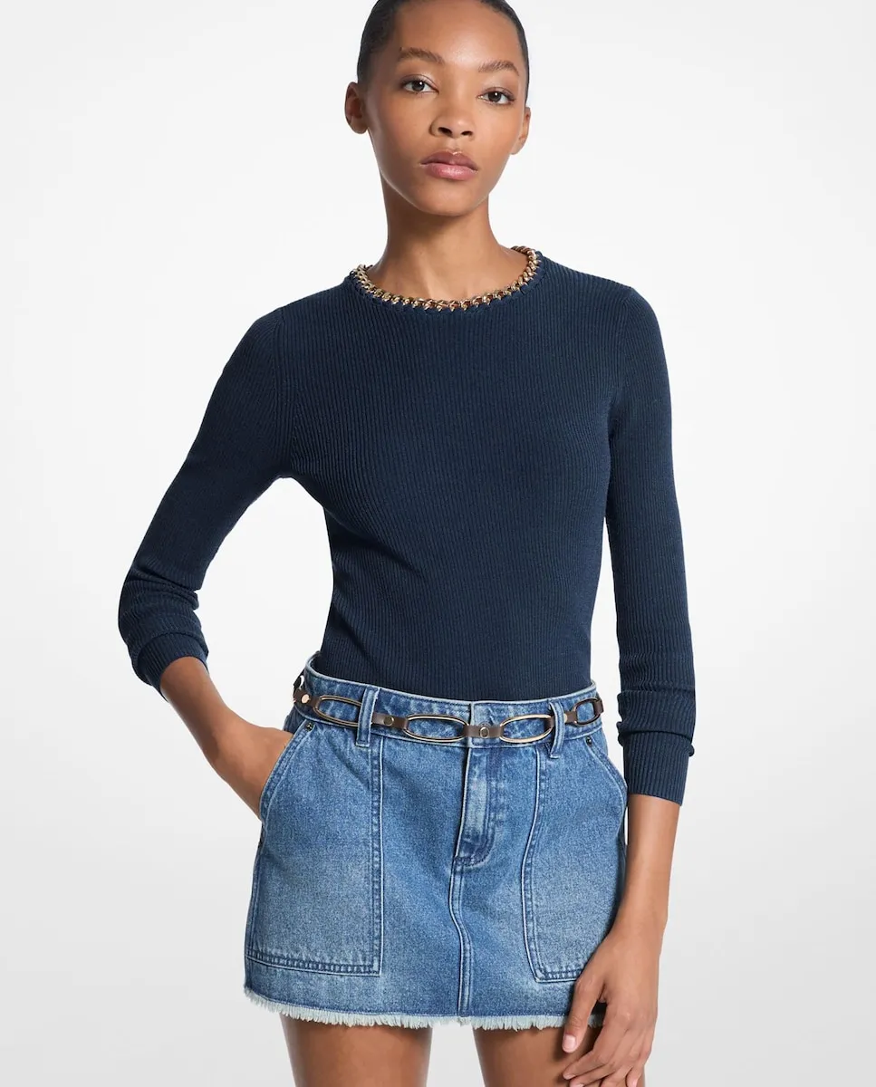 Женский облегающий свитер с цепочкой на воротнике Michael Michael Kors, темно-синий
Женский облегающий свитер с цепочкой на воротнике Michael Michael Kors, темно-синий