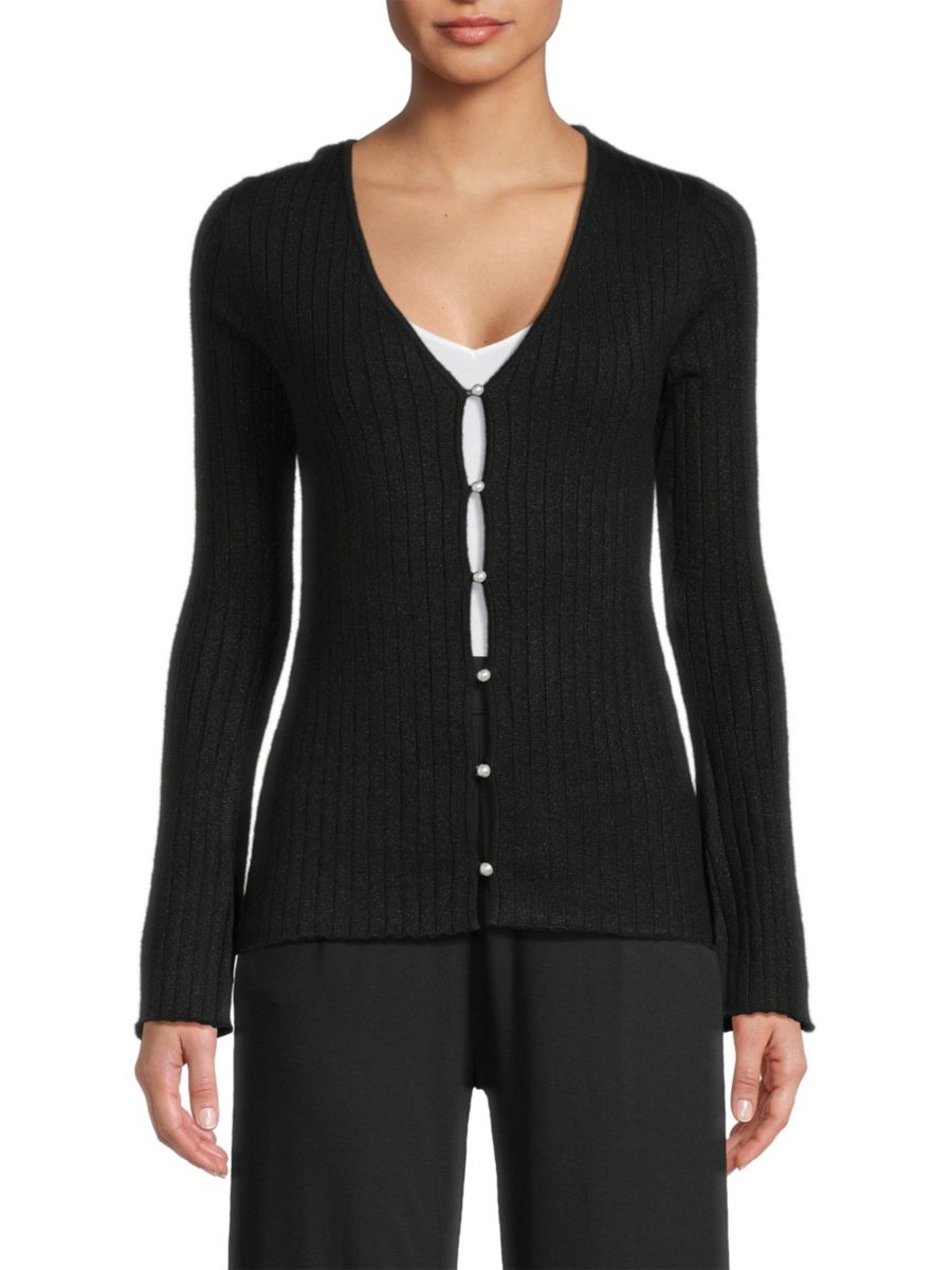 Кардиган с V-образным вырезом из металлизированной резинки Majestic Filatures, цвет Metal Noir 
Кардиган с V-образным вырезом из металлизированной резинки Majestic Filatures, цвет Metal Noir