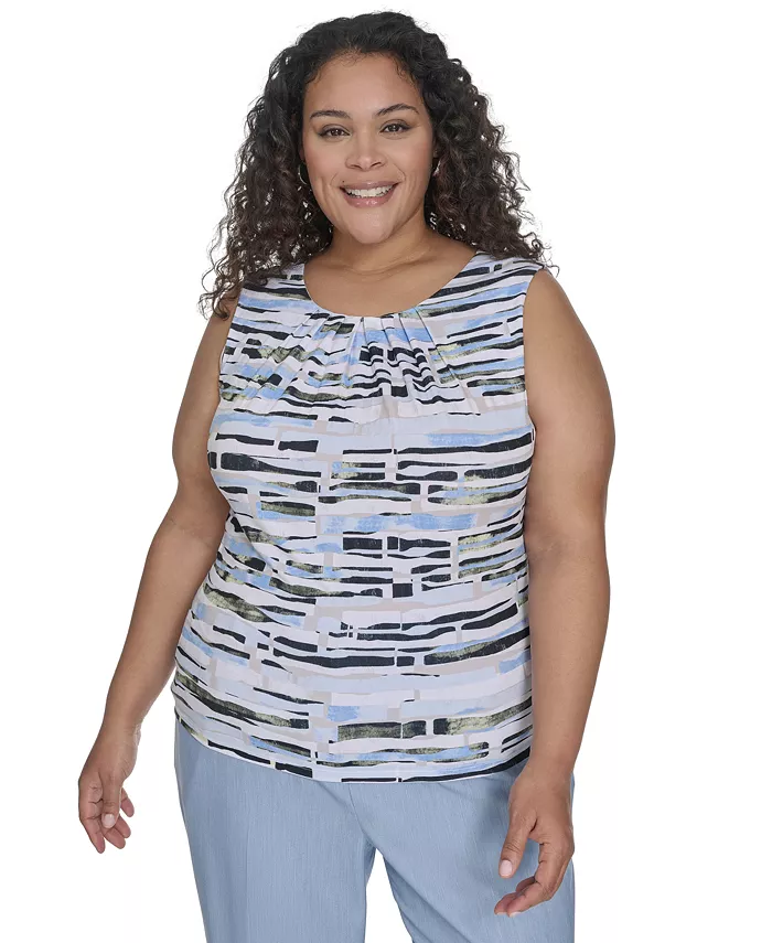 Плиссированный топ с принтом на горловине большого размера Calvin Klein, синий 
Плиссированный топ с принтом на горловине большого размера Calvin Klein, синий