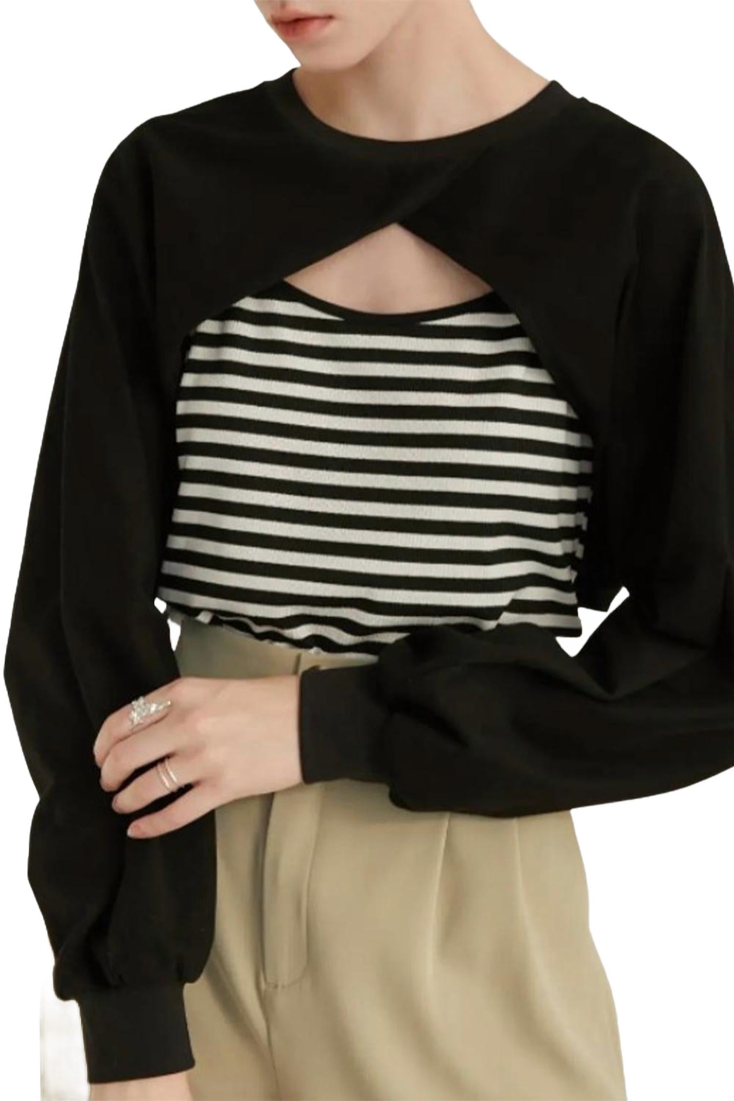 Лаверн укороченный сет с вырезами: топ-болиеро и шорты в черно-белом цвете FANGYAN
Лаверн укороченный сет с вырезами: топ-болиеро и шорты в черно-белом цвете FANGYAN