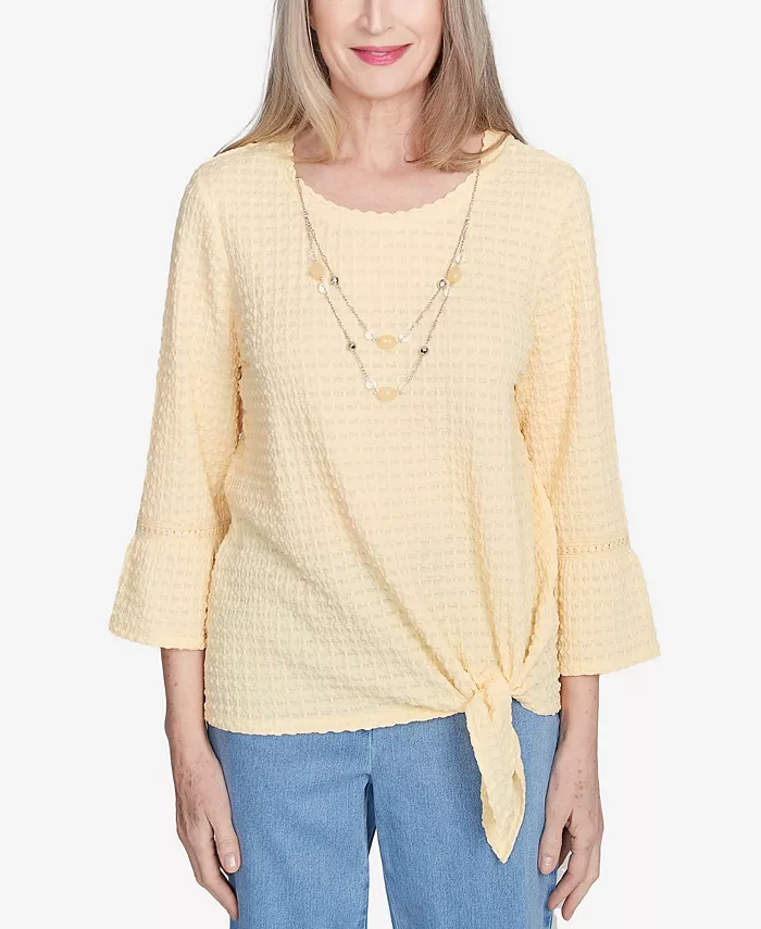 Миниатюрный топ с завязкой спереди и текстурированным узором «Power Flower» и ожерельем Alfred Dunner, желтый
Миниатюрный топ с завязкой спереди и текстурированным узором «Power Flower» и ожерельем Alfred Dunner, желтый