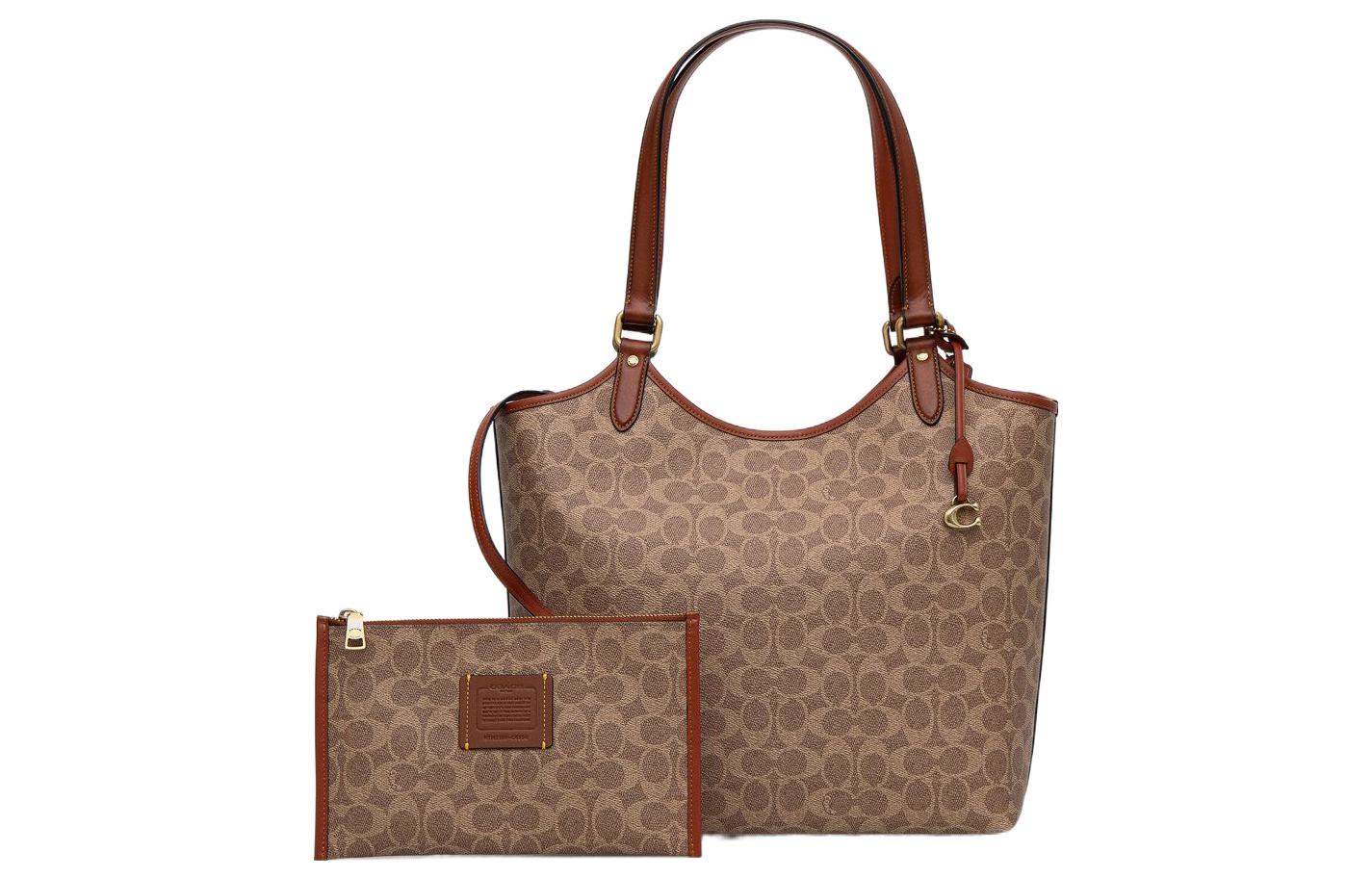 COACH Дневной холщовый комбинированный мешок из телячьей кожи 
COACH Дневной холщовый комбинированный мешок из телячьей кожи