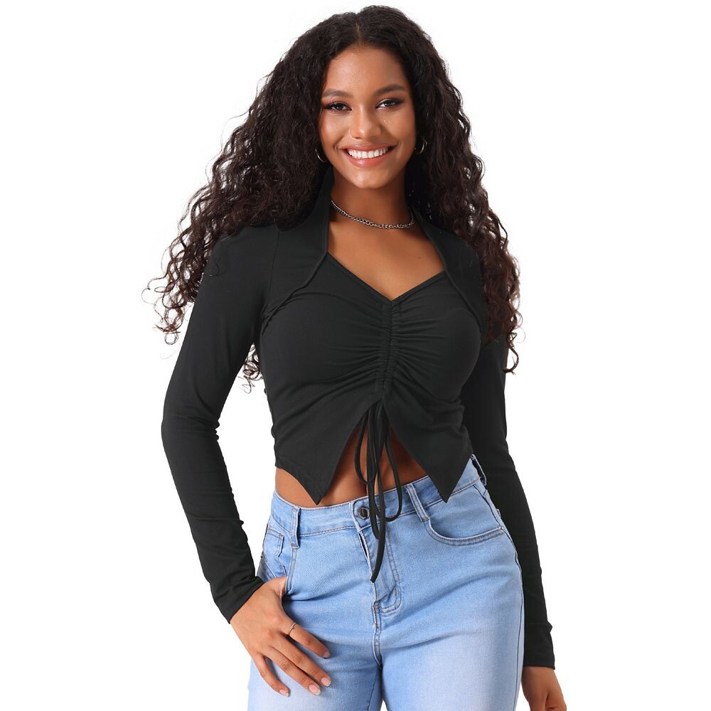 Женские укороченные топы с рюшами спереди, V-образным вырезом, асимметричным краем и завязками ALLEGRA K, черный
Женские укороченные топы с рюшами спереди, V-образным вырезом, асимметричным краем и завязками ALLEGRA K, черный