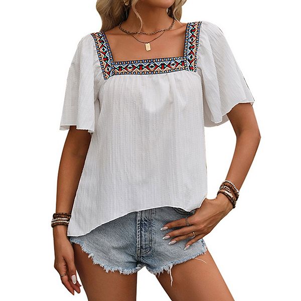 Блузка для женщин boho с вышивкой, коротким рукавом butterfly, квадратным вырезом и свободным кроем Kojooin, White
Блузка для женщин boho с вышивкой, коротким рукавом butterfly, квадратным вырезом и свободным кроем Kojooin, White