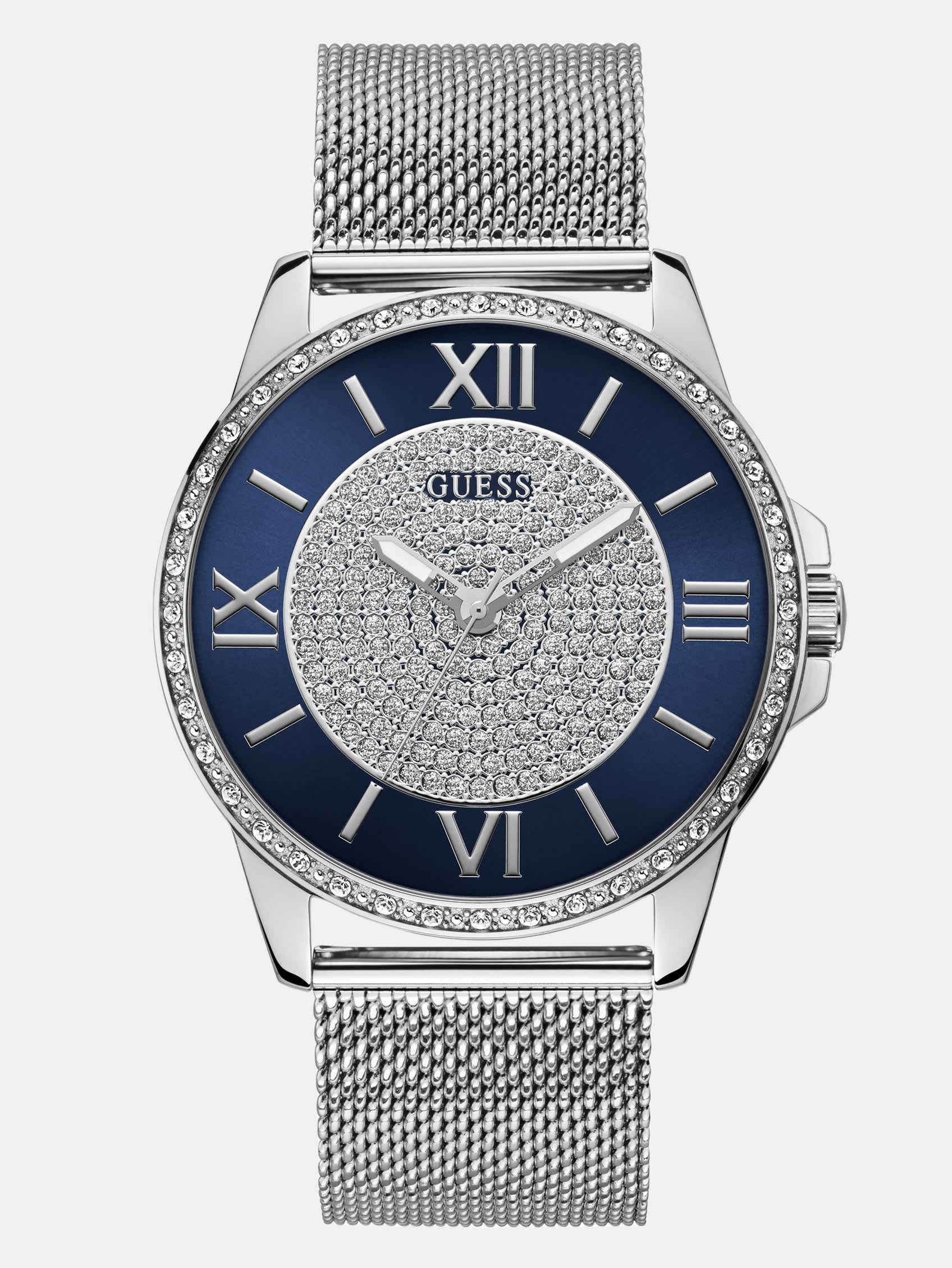 Аналоговые сетчатые часы синего и серебристого цвета Guess Factory 
Аналоговые сетчатые часы синего и серебристого цвета Guess Factory