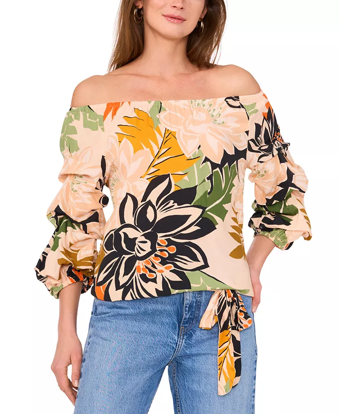 Женская блузка с цветочным принтом, офф-шoulder, с рукавом 3/4 и завязками спереди Vince Camuto, мультиколор 
Женская блузка с цветочным принтом, офф-шoulder, с рукавом 3/4 и завязками спереди Vince Camuto, мультиколор