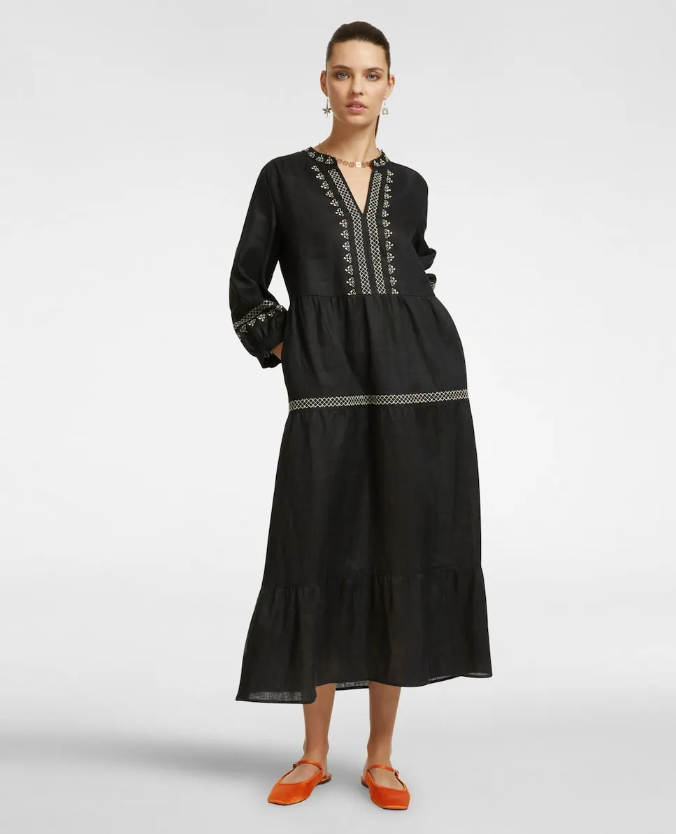 Вышитое льняное платье с присборенными рукавами Elena Miró, черный
Вышитое льняное платье с присборенными рукавами Elena Miró, черный