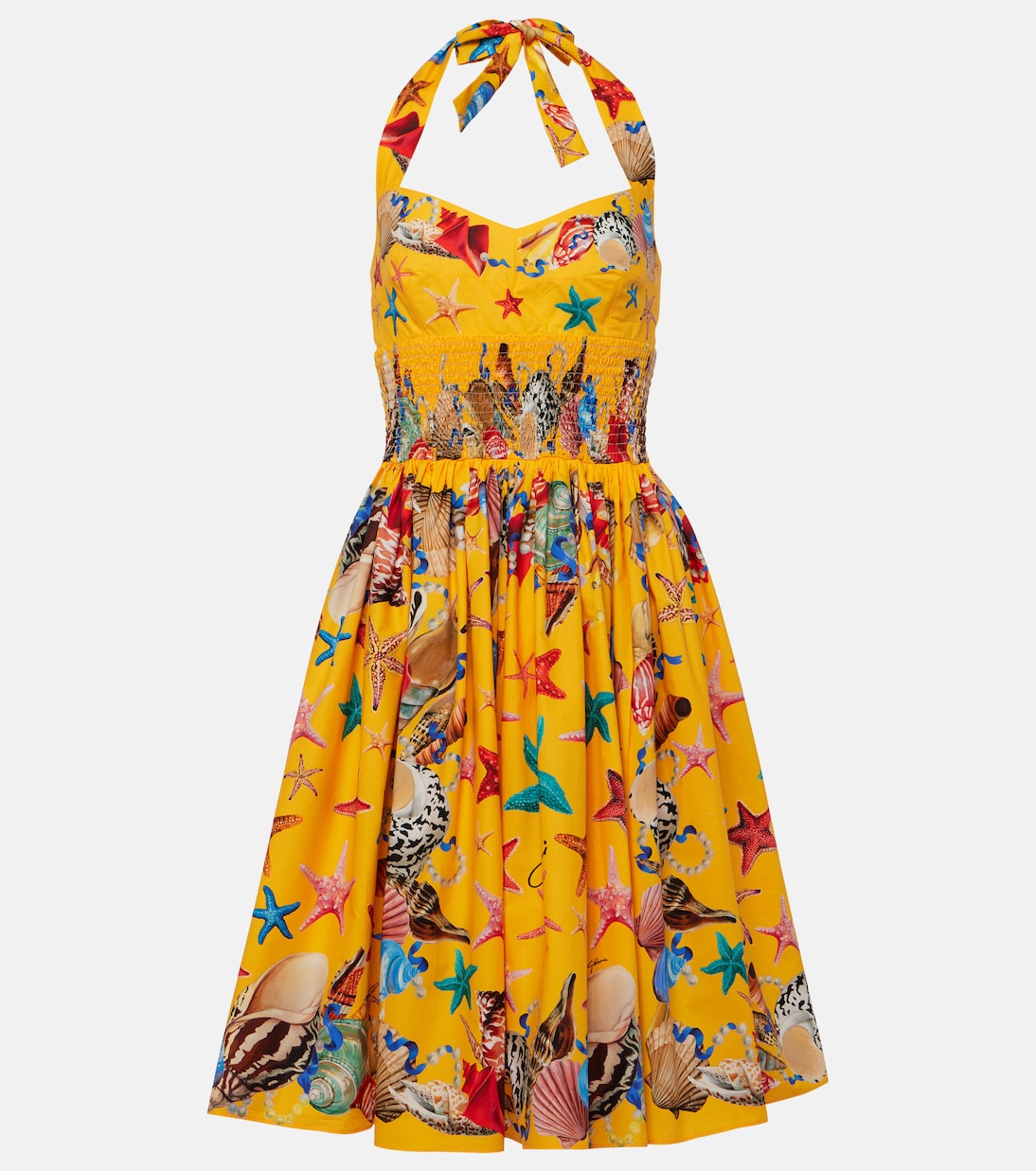 Платье-миди из хлопка с принтом капри и сборками Dolce&Gabbana, Stelle Marine Fondo Arancio 
Платье-миди из хлопка с принтом капри и сборками Dolce&Gabbana, Stelle Marine Fondo Arancio
