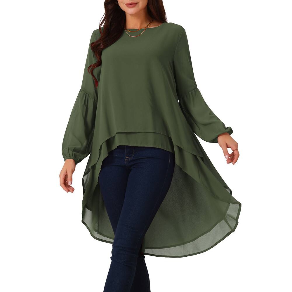 Женская повседневная блузка с фонариком, длинным рукавом и круглым вырезом, асимметричная неровная подол, топы Seta T, цвет Army Green 
Женская повседневная блузка с фонариком, длинным рукавом и круглым вырезом, асимметричная неровная подол, топы Seta T, цвет Army Green