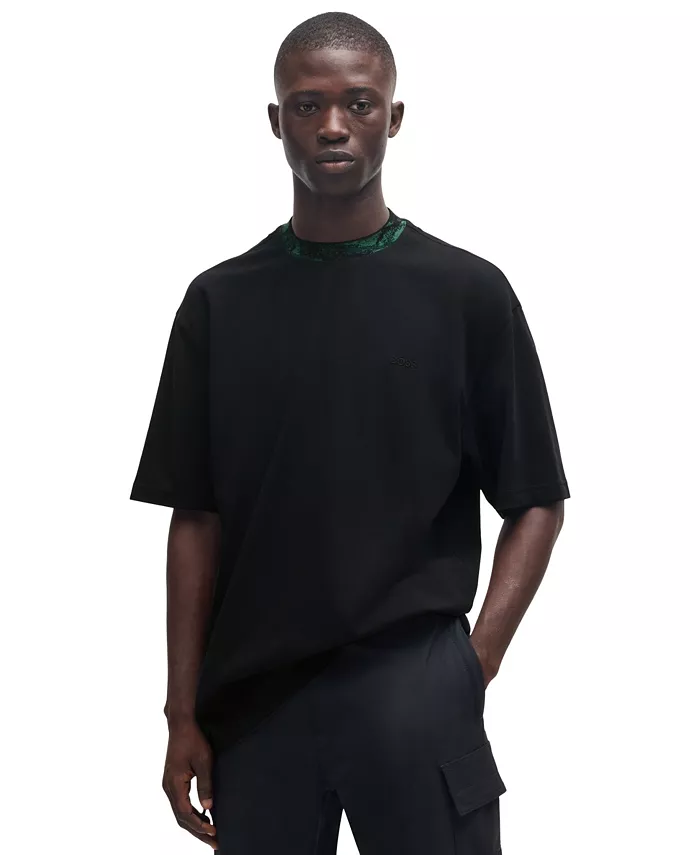 Мужская футболка с принтом на воротнике свободного кроя Hugo Boss, черный 
Мужская футболка с принтом на воротнике свободного кроя Hugo Boss, черный