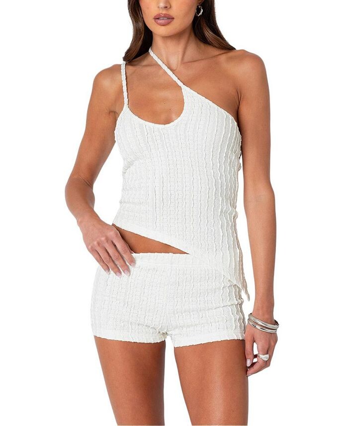 Асимметричный текстурированный вязаный топ Edikted Phoebe, белый 
Асимметричный текстурированный вязаный топ Edikted Phoebe, белый