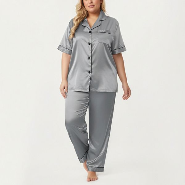 Женский комплект пижамы из сатина plus size с топом на пуговицах с коротким рукавом и брюками прямого кроя Anna-Kaci, Gray
Женский комплект пижамы из сатина plus size с топом на пуговицах с коротким рукавом и брюками прямого кроя Anna-Kaci, Gray