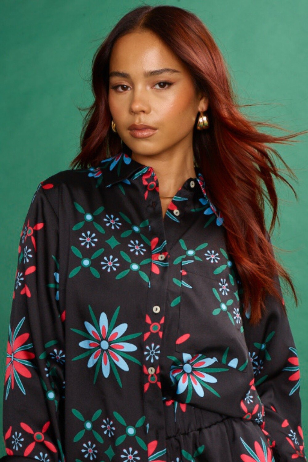 Черная атласная рубашка оверсайз с длинными рукавами и геометрическим принтом Another Sunday, черный