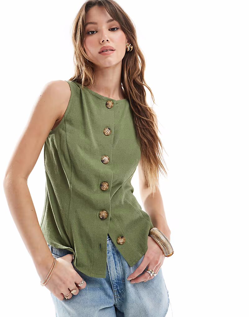 Топ из льняного материала с пуговицами спереди цвета хаки Asos Design
Топ из льняного материала с пуговицами спереди цвета хаки Asos Design