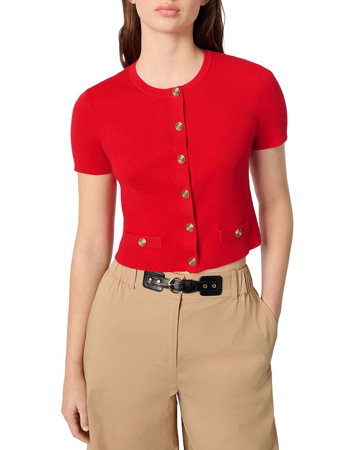 Укороченный кардиган с круглым вырезом и пуговицами золотистого тона Maje, красный
Укороченный кардиган с круглым вырезом и пуговицами золотистого тона Maje, красный