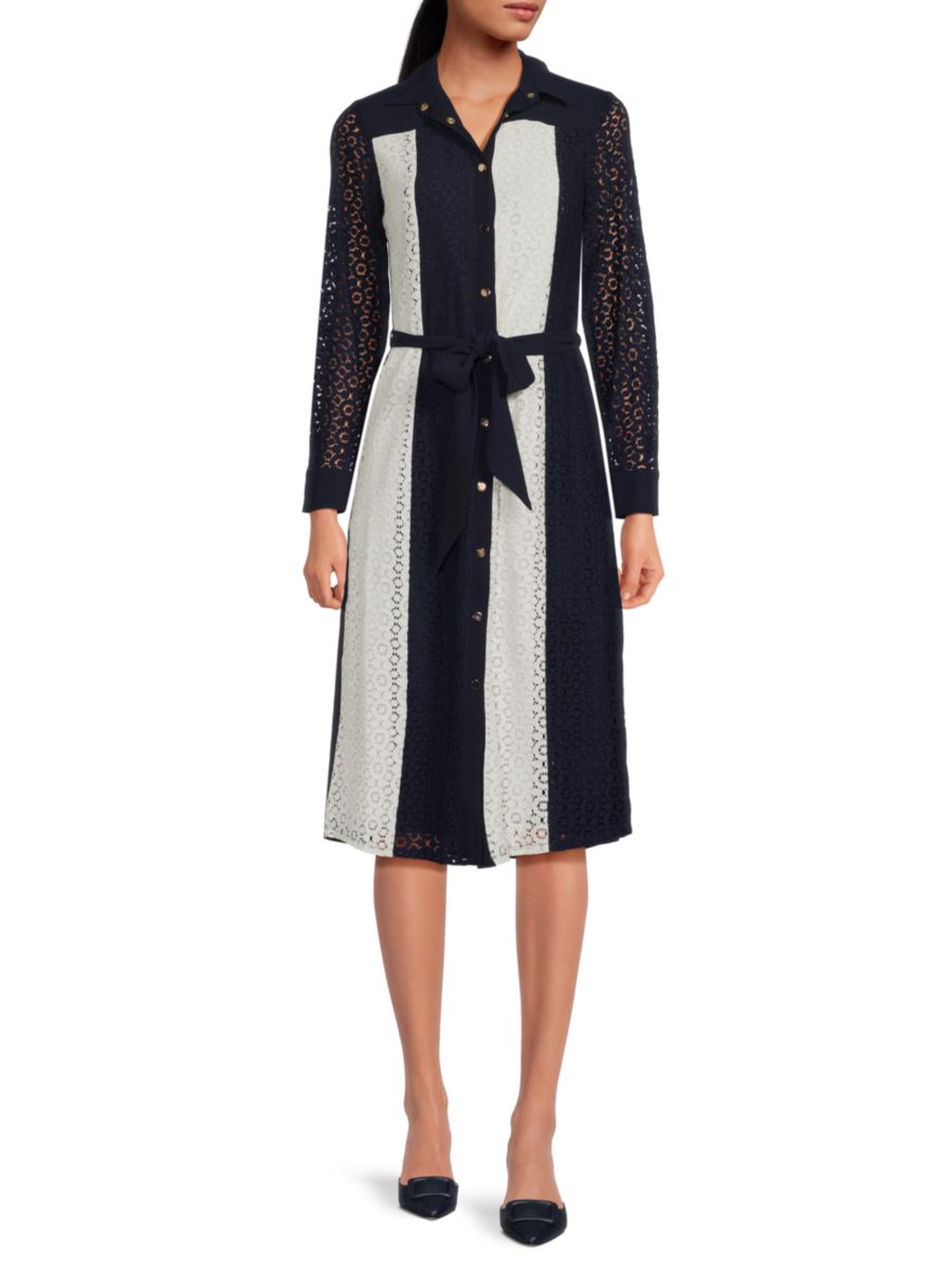 Платье-рубашка миди с полосатым кружевом Tahari, цвет Evening Navy Ivory
Платье-рубашка миди с полосатым кружевом Tahari, цвет Evening Navy Ivory