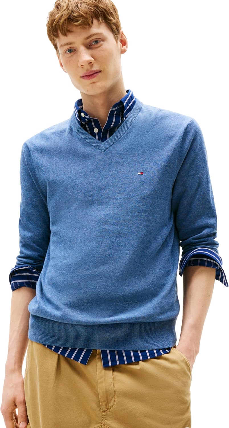 Мужской хлопковый однотонный свитер с V-образным вырезом Tommy Hilfiger, легкий пуловер, Petrol Blue Heather
Мужской хлопковый однотонный свитер с V-образным вырезом Tommy Hilfiger, легкий пуловер, Petrol Blue Heather