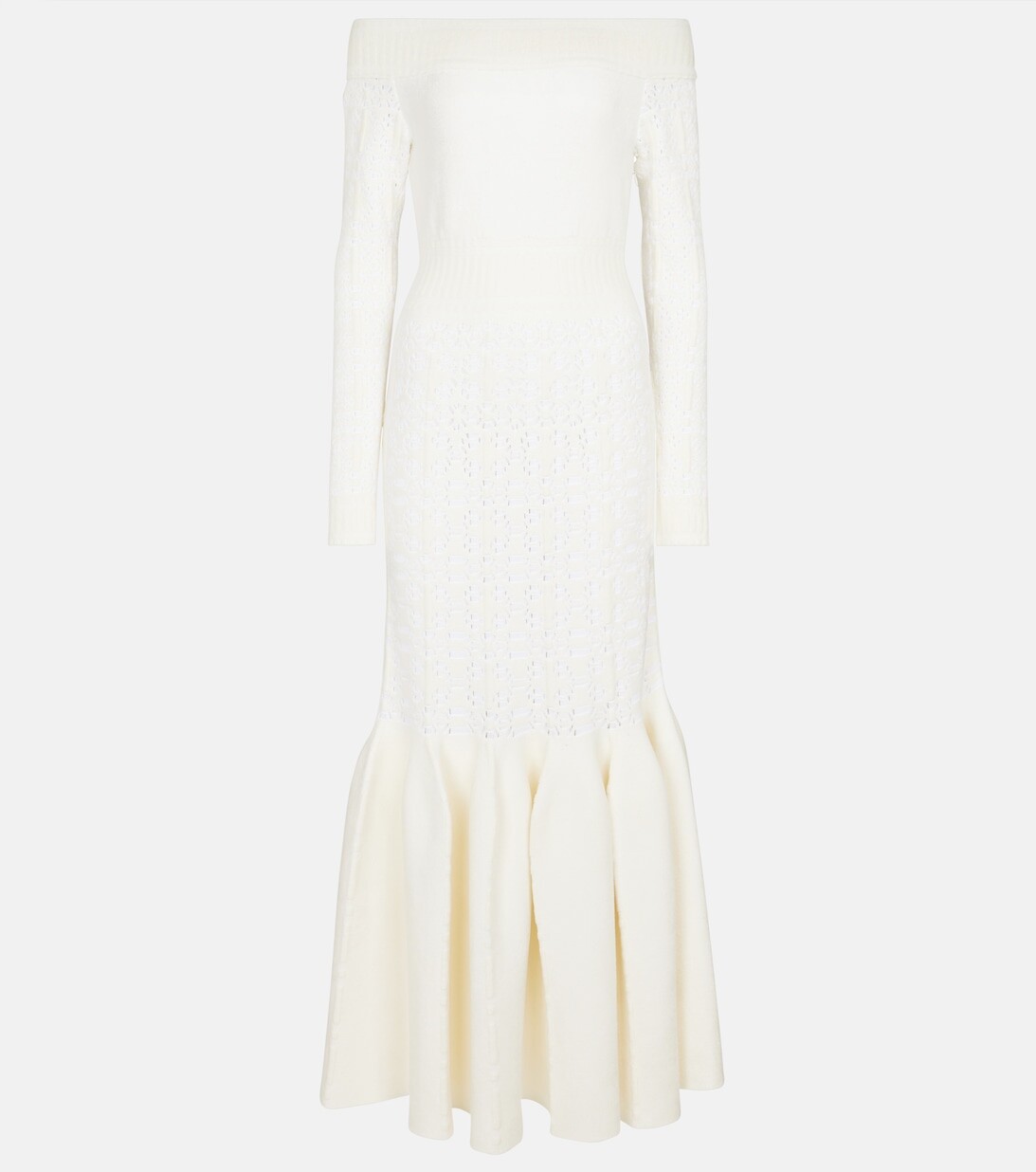 Платье макси с открытыми плечами и бархатной отделкой ALAÏA, белый
Платье макси с открытыми плечами и бархатной отделкой ALAÏA, белый