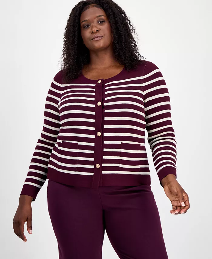 Полосатый кардиган с круглым вырезом больших размеров Tahari ASL, фиолетовый 
Полосатый кардиган с круглым вырезом больших размеров Tahari ASL, фиолетовый