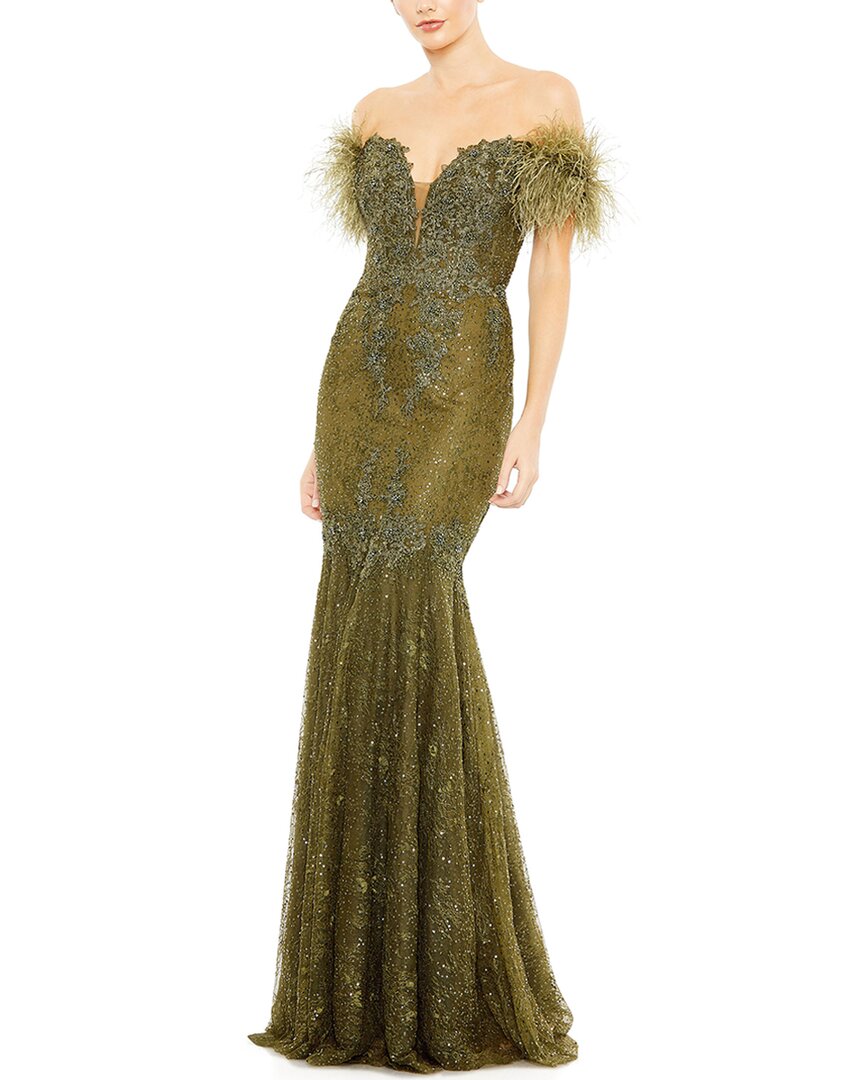 Mac Duggal Платье-русалка с перьями и кристаллами, зеленый
Mac Duggal Платье-русалка с перьями и кристаллами, зеленый