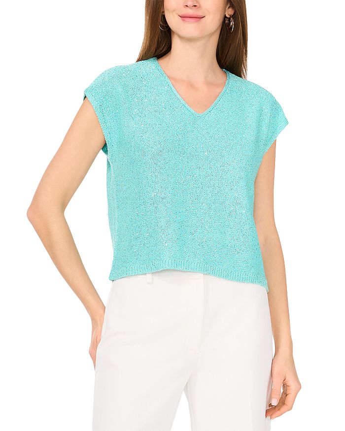 Топ с V-образным вырезом и короткими рукавами, расшитый пайетками VINCE CAMUTO, синий
Топ с V-образным вырезом и короткими рукавами, расшитый пайетками VINCE CAMUTO, синий