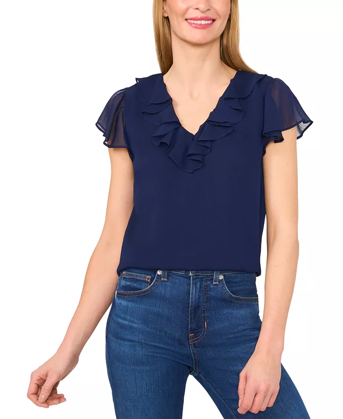 Женский топ с V-образным вырезом, рюшами и расклешенными рукавами CeCe, синий
Женский топ с V-образным вырезом, рюшами и расклешенными рукавами CeCe, синий