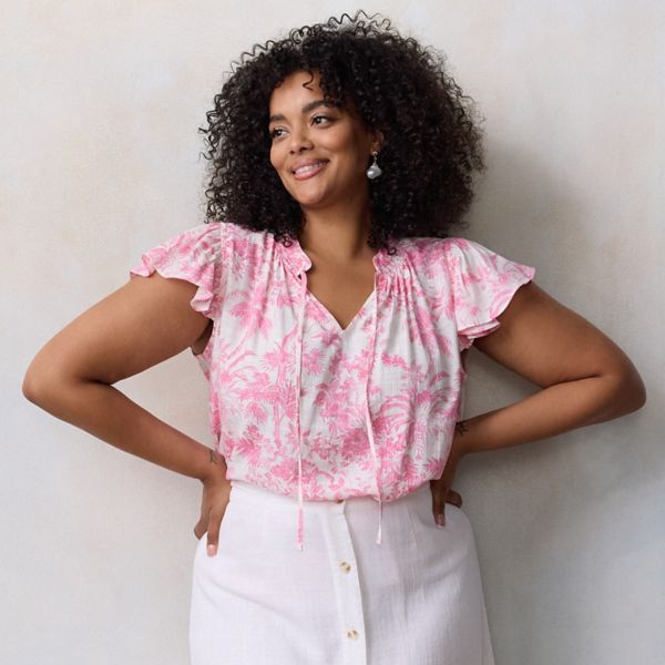 Платье больших размеров с завязкой спереди, оборками и V-образным вырезом Lc Lauren Conrad, цвет red tropical toile 
Платье больших размеров с завязкой спереди, оборками и V-образным вырезом Lc Lauren Conrad, цвет red tropical toile