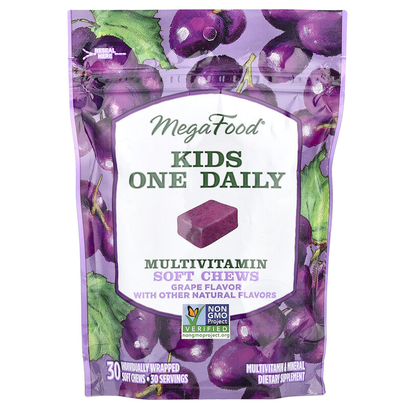 MegaFood, One Daily, для детей, жевательная мультивитаминная добавка, со вкусом винограда, 30 жевательных пастилок в индивидуальной упаковке
MegaFood, One Daily, для детей, жевательная мультивитаминная добавка, со вкусом винограда, 30 жевательных пастилок в индивидуальной упаковке
