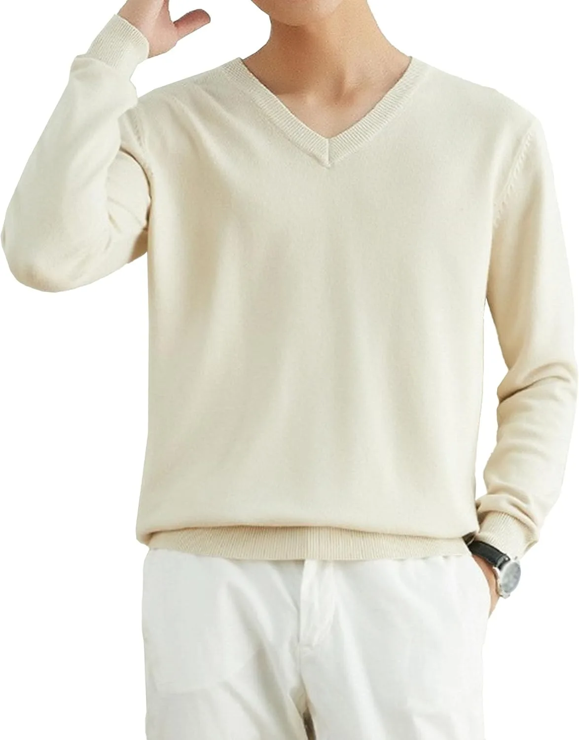 Мужской тонкий вязаный свитер с V-образным вырезом и длинными рукавами
Мужской тонкий вязаный свитер с V-образным вырезом и длинными рукавами