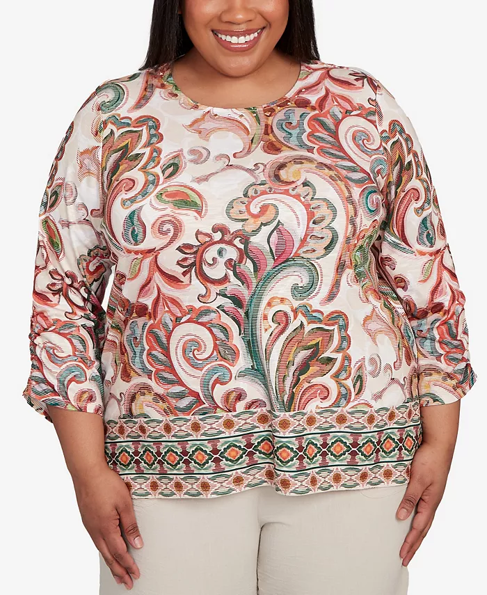 Топ размера плюс Copper Canyon с текстурированной завитковой каймой и рюшами на рукавах Alfred Dunner, мультиколор 
Топ размера плюс Copper Canyon с текстурированной завитковой каймой и рюшами на рукавах Alfred Dunner, мультиколор