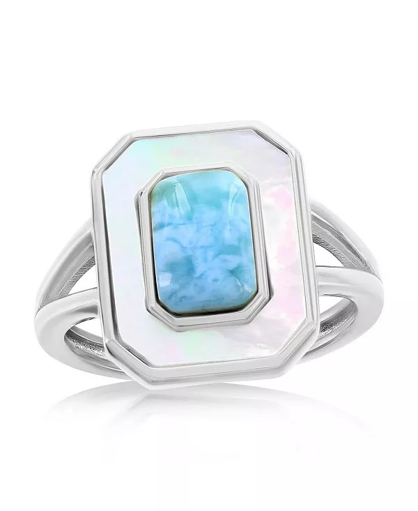 Кольцо из стерлингового серебра с ларимаром и прямоугольным камнем Caribbean Treasures, blue
