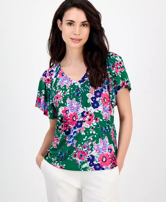 Укороченный топ с V-образным вырезом и расклешенными рукавами в принте AK Anne Klein, зеленый
Укороченный топ с V-образным вырезом и расклешенными рукавами в принте AK Anne Klein, зеленый